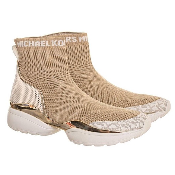 Michael Kors Robbie Stretch Knit MK Logo Bootie Boot Sneaker Khaki 6.5/7 Nib$245 - Picture 1 of 9